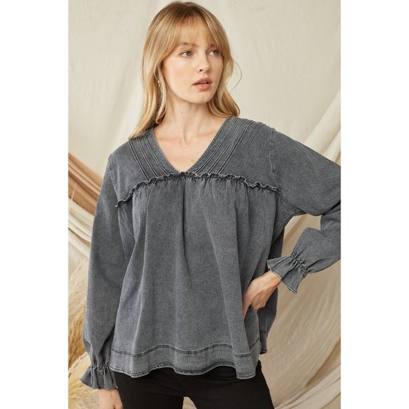 entro Tops - Entro Ruffled V-Neck Top, Black